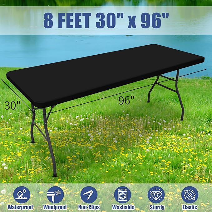 Spandex 8 Foot Rectangle Table Cloth 6 Pack, Elastic Fitted Tablecloths for Picnic, Stretch Washable Patio Table Cover for Outdoor, Camping, Banquet and Parties (Black, 30"x96")