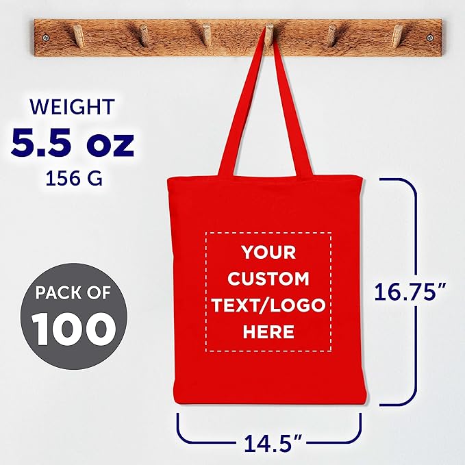 DISCOUNT PROMOS Custom Cotton Canvas Tote Bags Set of 100, Personalized Bulk Pack - Reusable, Great for Shopping, Grocery, Beach, Picnic, Wedding Favors - Red
