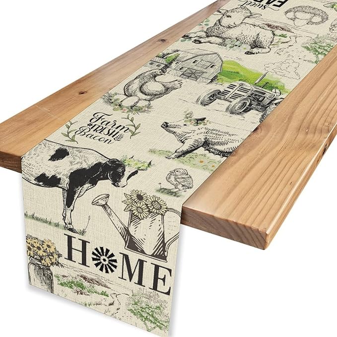 Farmhouse Cow Table Runner, Rustic Rooster Chicken Pig Floral Leaves Animals Spring Coffee Table Center Decor for Family Kitchen Dining and Outdoor Country Holiday Party Table Decorations, 13"x36"