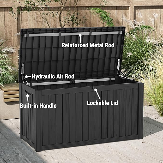 Mars Villa 150 Gallon Deck Box, Waterproof and Weatherproof Large Resin Storage Bin with Lockable Lid, Ideal for, Outdoor, Patio Furniture Cushions, Pool Supplies, Garden Tools, Black