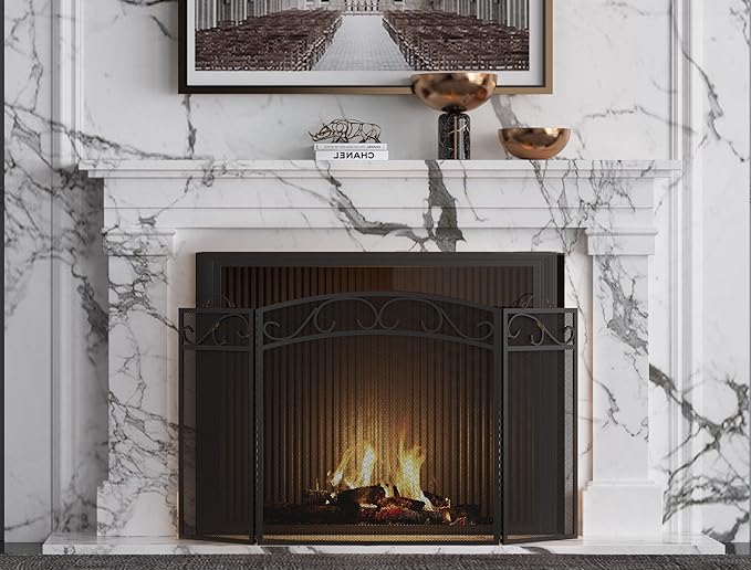 Fire Beauty Fireplace Screen 3 Panel with Handles Wrought Iron 51"(L) x31(H) Spark Guard Cover(Sanded Black)