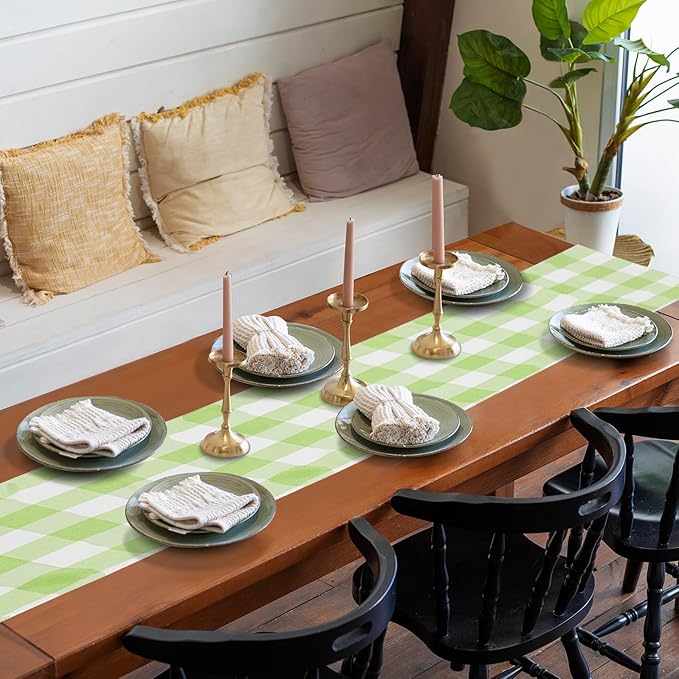 Fabric Checkered Table Runner 6 Pack Waterproof Gingham Table Runner 14W x 108L Buffalo Check Table Runners for Parties Kitchen Dining Wedding Banquet (Emerald and White)