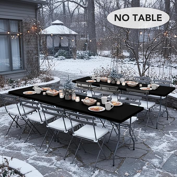 LUSHVIDA 10 Packs Vinyl Tablecloths with Flannel Backing for 8ft Rectangle Folding Table Cloths - Waterproof Plastic Picnic Table Covers with Elastic Corners, 30x96 inch, Black