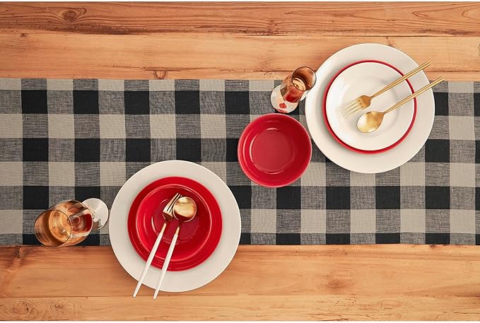 Solino Home Linen Checkered Table Runner 36 Inches - 100% Pure Linen Natural and Black Buffalo Plaid Short Table Runner 14 x 36 Inch Ideal for Dresser and Coffee Tables - Fall, Halloween, Thanksgiving