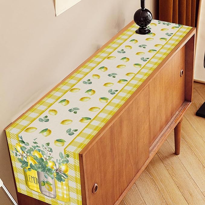 Lemon Table Runner, Farmhouse Yellow Buffalo Plaid Seasonal Summer Spring Fruits Lemon Coffee Table Center Decor for Home Kitchen Dining Party Patio Indoor Outdoor Table Decorations, 13"x108" Inch