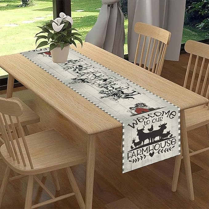 Farmhouse Cow Table Runner, Rustic Rooster Sheep Black White Plaid Animals Farm Coffee Table Center Decor for Home Kitchen Dining Patio Holiday Party Indoor Outdoor Table Decorations, 13"x36"