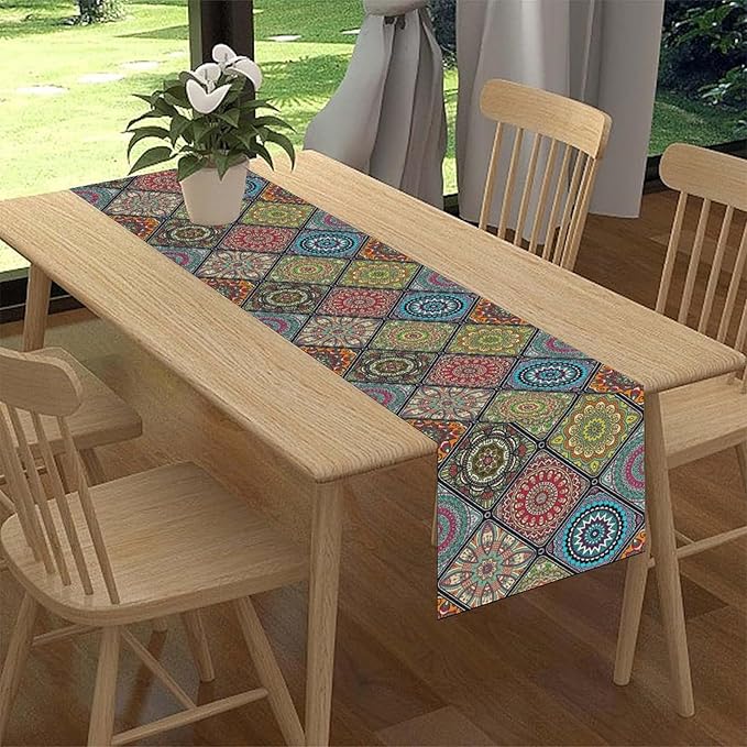 Bohemian Mandala Table Runner, Vintage Colorful Boho Geometric Floral Flower Antique Paisley Rustic Coffee Table Center Decor for Family Kitchen and Living Room Outdoor Table Decorations, 13"x36"