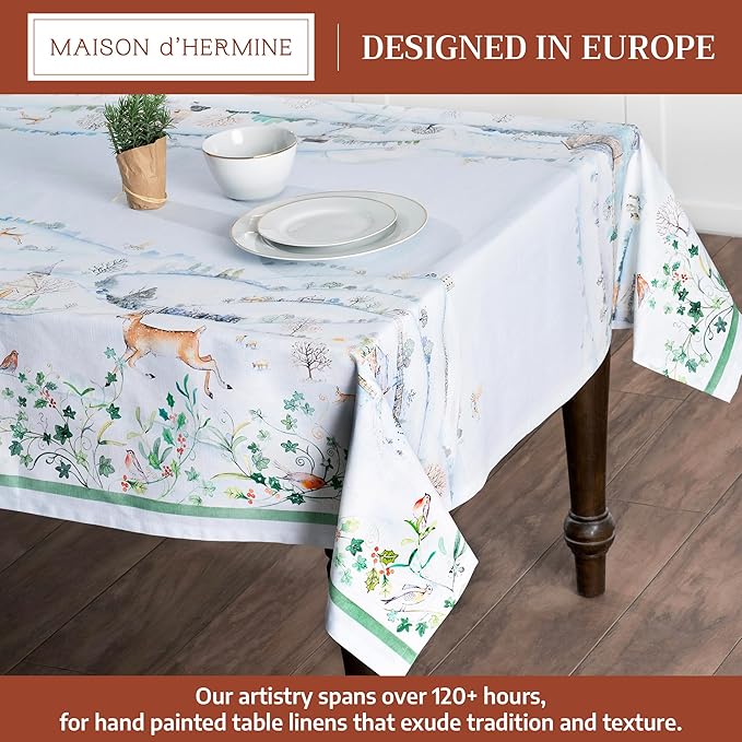 Maison d' Hermine Table Cloth Rectangle Table 100% Cotton 60 x 120 Inches Fall Tablecloth Reusable Everyday Use for Thanksgiving Christmas Decorations Dining Farmhouse Party (Snowy World)