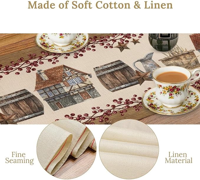 Western Texas Table Runner, Rustic Farmhouse Country Barn Berry Vintage Rural Houses Pumpkin Print Table Runner for Party Picnic Dining Kitchen Table Decor,13x90inch