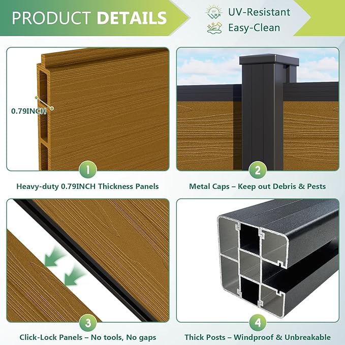 Mondaria Fence Privacy Screen with 8ft In-ground Posts, 6ft(H) x42ft(W) Wood Plastic Composite Fence Panels Weather-Resistant Outdoor Fence for Backyard/Garden (Yellow Teak, 8 Posts)