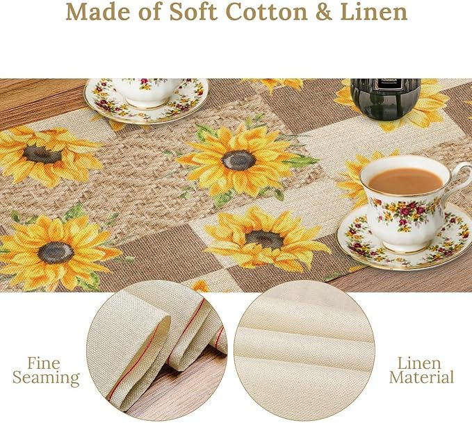 Farmhouse Sunflower Table Runner, Rustic Vintage Linen Patchwork Summer Yellow Floral Table Cover for Bithday Party Home Kitchen Dining Room Decor, 13x120inch