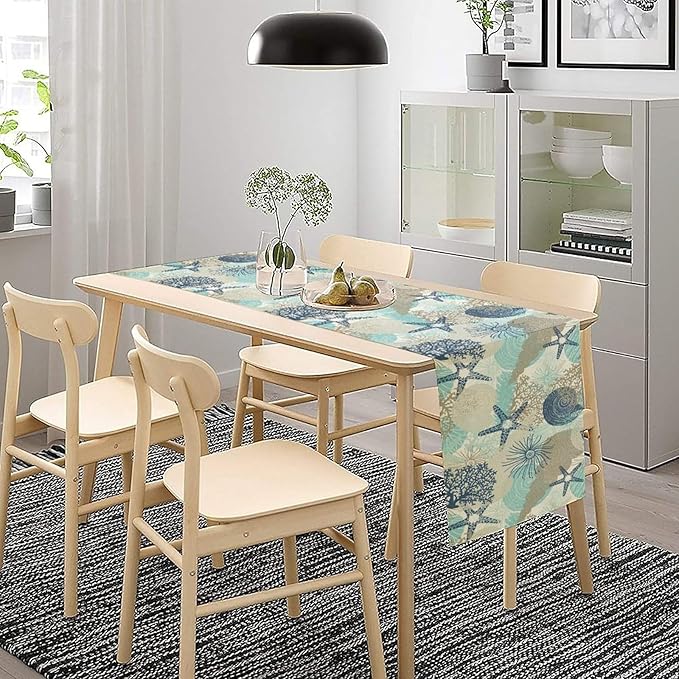 Marine Life Table Runner, Sea Underwater World Ocean Creature Table Runner for Dining Kitchen Party Holidays Home 13x36in