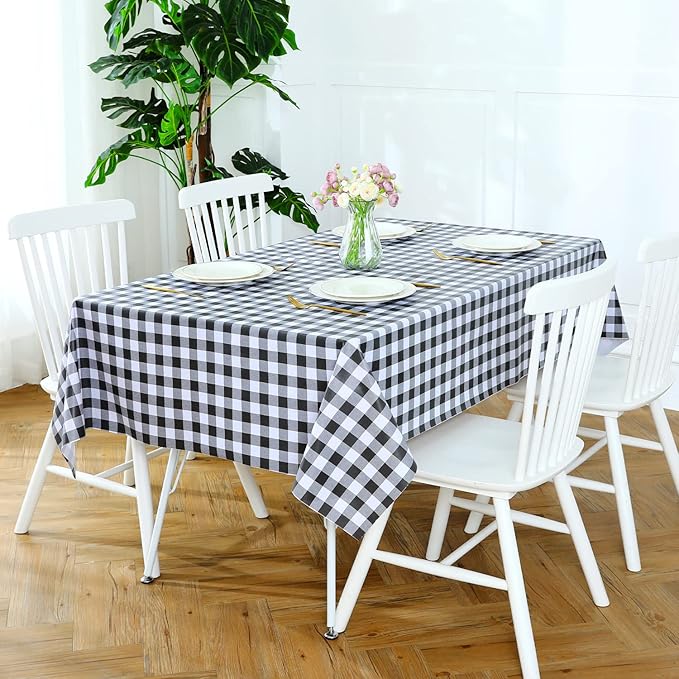 Romanstile Rectangle Vinyl Tablecloth, 100% Waterproof Buffalo Gingham Plastic Table Cloth, Heavy Duty Wipeable Checkered Table Covers for Outdoor, Camping, Picnic, Patio - 60 x 102, Black and White