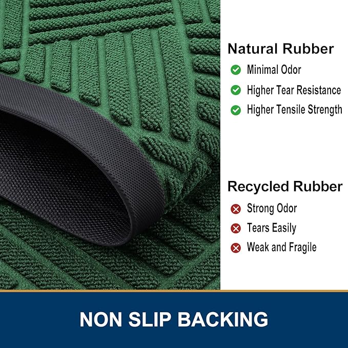 Smiry Front Door Mat Outside Entrance, Heavy Duty Outdoor Indoor Natural Rubber Doormat, Non Slip, Trap Dirt and Moisture, Easy Clean, Low Profile Patio Porch Entryway Mat, 59x35, Green