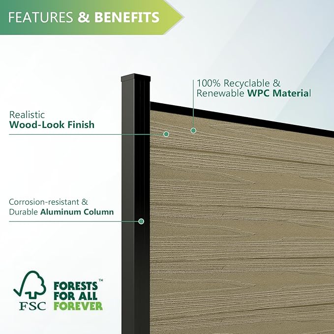 Mondaria Fence Privacy Screen with 8ft In-ground Posts, 6ft(H) x 6ft(W) Wood Plastic Composite Fence Panels Weather-Resistant Outdoor Fence for Backyard/Garden (Ancient Wood, 1 Post)