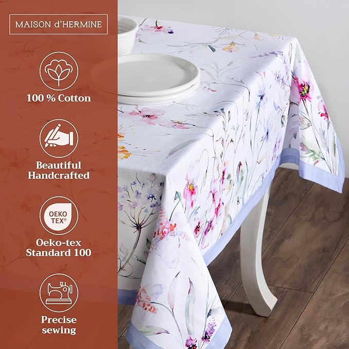 Maison d' Hermine Table Cloth Square Table 100% Cotton 60 x 60 Inches Tablecloth Reusable Decorative for Dining Room, Farmhouse, Home, Party, Festive & Wedding Spring Summer - Summer Floral