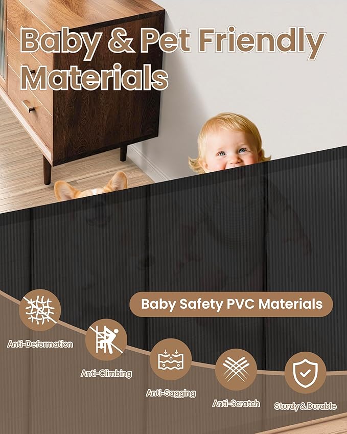 Reinforced Retractable Baby Gate, 100" Wide Child Safety Gate with 8 Support Rods, 34" Tall Scratch-Resistant Mesh Dog Gate for Staircase, Garage, Garden, Outdoor, Black