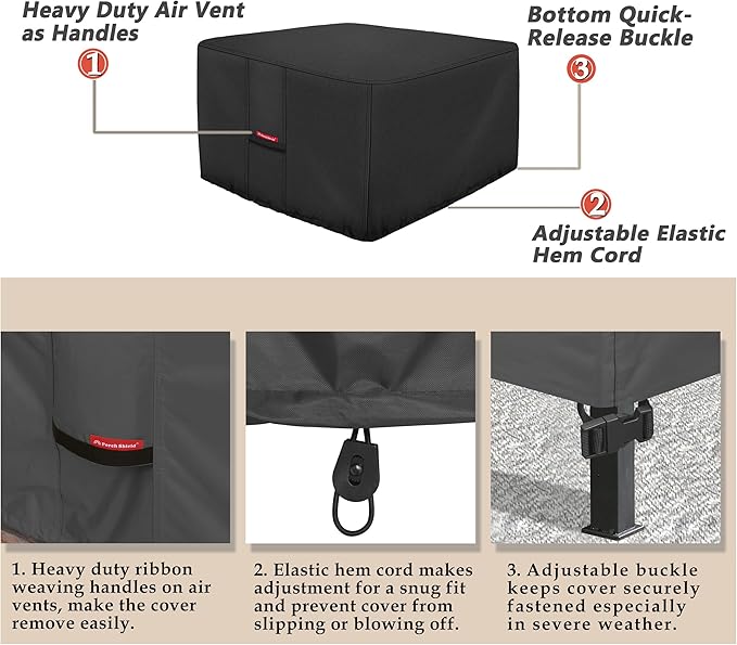 Porch Shield Fire Pit Cover - Waterproof 600D Heavy Duty Fade Resistant Square Patio Fire Pit Table Cover Black - 32 x 32 inch