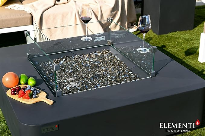 Elementi+ | Bundle Bergamo Gas Fire Pit Cast Concrete 42" Square Fire Table, Outdoor Fire Pit Electronic Ignition | Canvas Cover, Fire Glass and Burner Lid Included | Dark Gray | Natural Gas