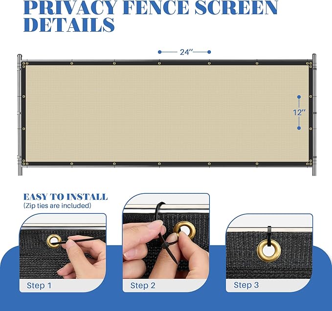 ECOOPTS 8'x160' Privacy Fence Screen Windscreen with Copper Grommets, Fit for Commercial Fence and Residential Garden Outdoor 90% UV Blockage, Cable Zip Ties Included (Beige)