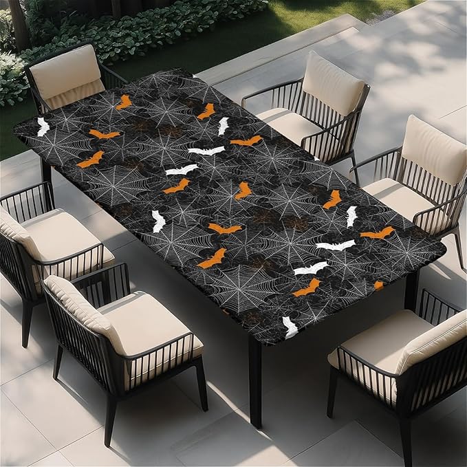 Rectangle Table Cloth Cover Waterproof Elastic Fitted Polyester Fitted Tablecloths for 8 Foot Tables for Indoor,Picnic, Camping, Outdoor （96" x 30"，Halloween）