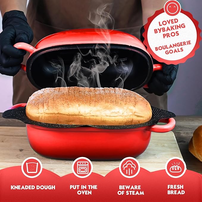 Dutch Oven for Bread Baking - 2.5QT Bread Pans for Homemade Bread with Perforated Non-Stick Silicone Liner Cast Iron Bread Pan Dutch Oven Loaf Pan with Lid and Loop Handle for Homemade Breadmaking,Red