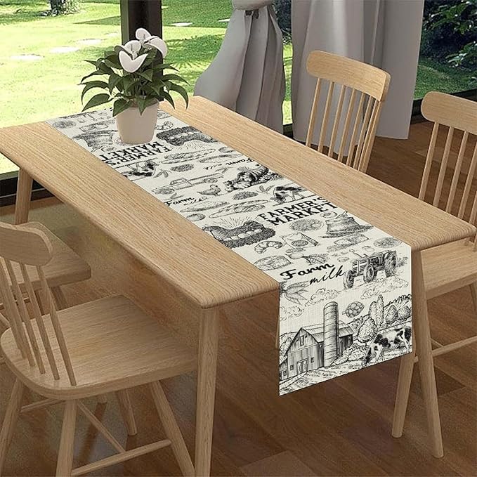 Farm Animals Table Runner, Rustic Farmhouse Cow Pig Rooster Watercolor Coffee Table Center Decor for Home Kitchen Dining Patio Holiday Party Indoor Outdoor Table Decorations, 13"x108" Inch