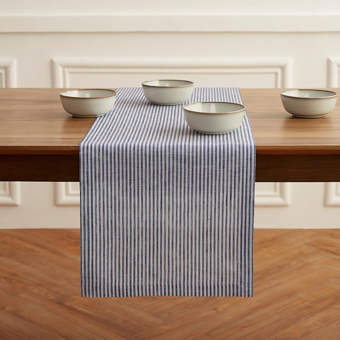 Solino Home Linen Table Runner 90 Inches Long - Narrow Stripe, 100% Pure Linen Navy and White Table Runner 14 x 90 Inch for Dining, Spring, Easter