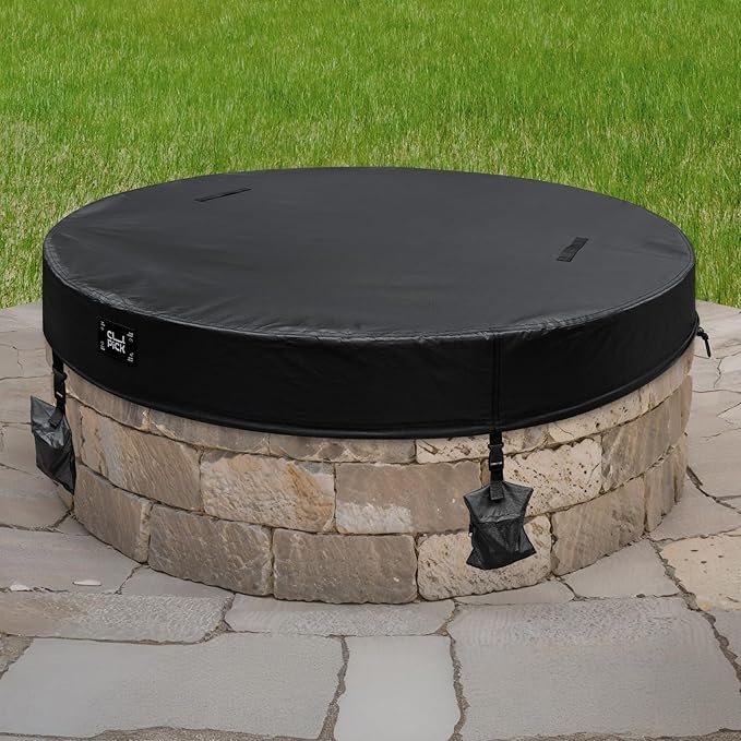 Outdoor Fire Pit Cover,In Ground Firepit Covers Round with Sandbag,600D Heavy Duty Waterproof and Tear-Resistant,Windproof,Suitable for 52-57 Inch Round Built in Stone Firepits,Black
