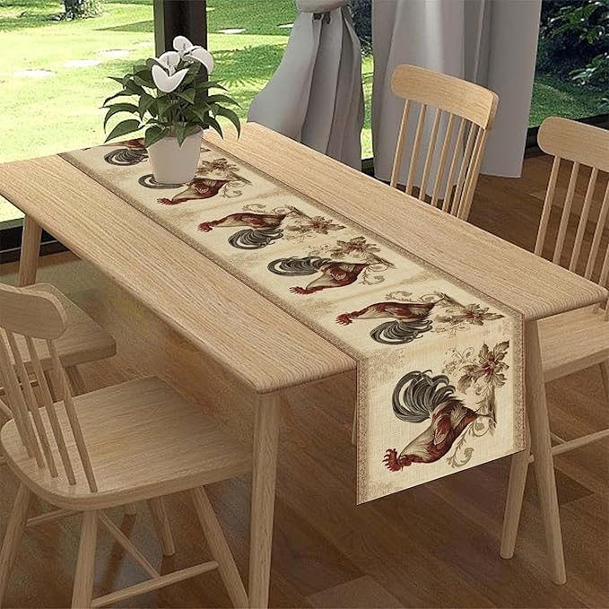 Farmhouse Rooster Table Runner, Vintage Rooster Retro Farmhouse Country Chicken Coffee Table Center Decor for Home Kitchen Dining Patio Holiday Party Indoor Outdoor Table Decorations 13"x72"