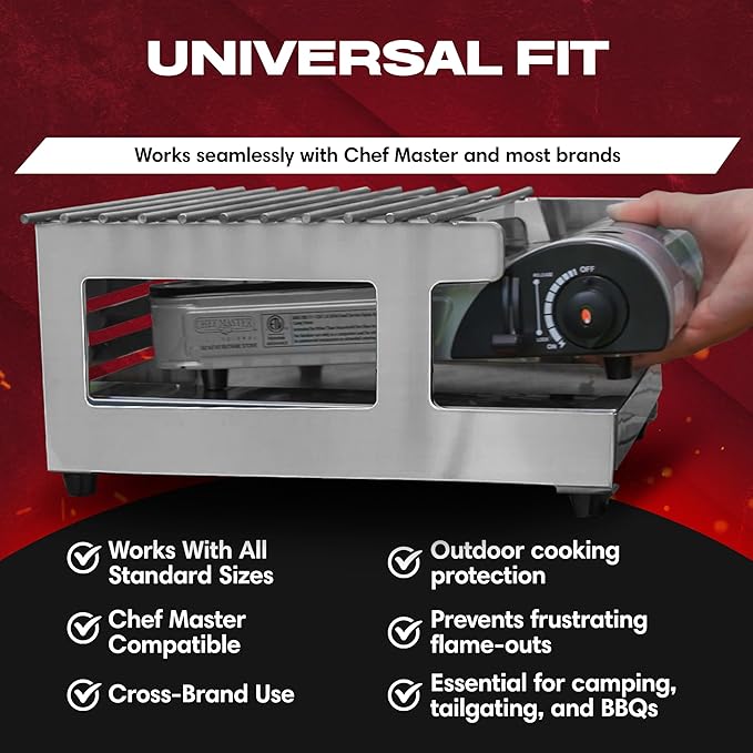 Chef Master Butane Stove Cover - Premium Stainless Steel Universal Fit - Any Standard Size Camping Stove - Portable Screen & Camping Wind Blocker - Camp Essentials for Outdoor & Indoor Cooking 90217