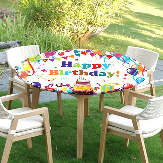 Birthday Round Fitted Tablecloth with Elastic Colorful Happy Birthday Party Circle Table Cover for 44-48" Round Tables Wipeable Waterproof Cake Balloons Gifts Table Cloth for Picnic Dining Patio Decor