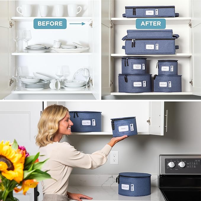 China Storage Hard Shell Containers 8-Piece Set Moving Boxes for Dinnerware, Glasses, Plates, Mugs and Saucers Sturdy Dish Organizer with Dividers for Seasonal Storage - Service for 12 - Denim Blue