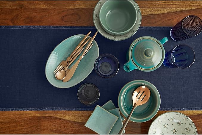 Solino Home Linen Navy Blue Table Runner 48 Inches - Fringe, 100% Pure Linen Short Table Runner 14 x 48 Inch Ideal for Dresser and Coffee Tables - Winter