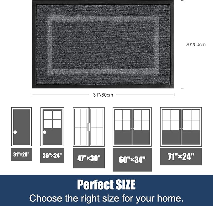 Front Door Mat Outside Entrance Indoor Doormat, 31" x 20" Outdoor Mats for Patio Waterproof, Outdoor Door Mats for Outside Entry, Indoor Rugs for Entryway, Sturdy Natural Rubber Entry Mat, Drak Gray