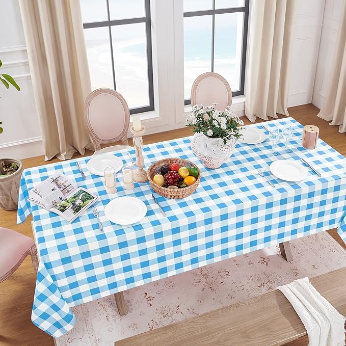 Softalker Gingham Checkered Tablecloth Rectangle - Outdoor Waterproof Buffalo Plaid Table Cloth, Stain Resistant Washable Table Cover for Picnic, Camping, Dining - Blue and White, 54 x 120 Inch