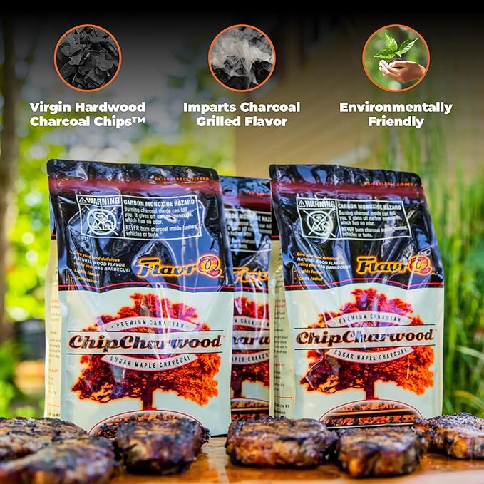 FlavrQ® 3lb Bag of Charcoal Chips - Convert Gas Grill to Charcoal in Seconds - 100% All-Natural and Chemical-Free Canadian Sugar Maple Wood - Cooks Faster and sear Food About 50% Faster