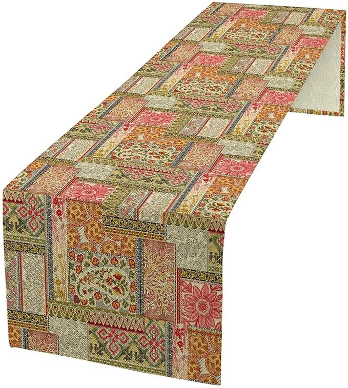 Colorful Patchwork Table Runner, Boho Floral Vintage Wildflower Rustic Paisley Design Table Runner for Dining Coffee Party Holiday Farmhouse 13x108in