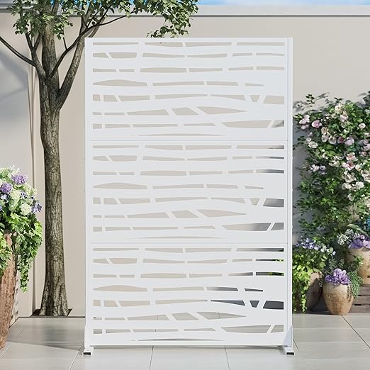Casaphoria 72" H x 47" W Metal Outdoor Privacy Screen, Freestanding Decorative Divider for Patio, Deck, Balcony, and Garden with Stable Base, White Jungle