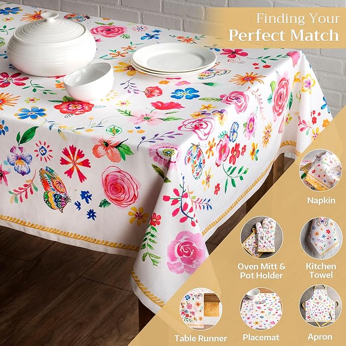 Maison d' Hermine Table Cloth Rectangle Table 100% Cotton 60 x 108 Inches Tablecloth Reusable for Dining Room, Farmhouse, Home, Party, Festive & Wedding Spring Summer - Happy Florals - Sweety