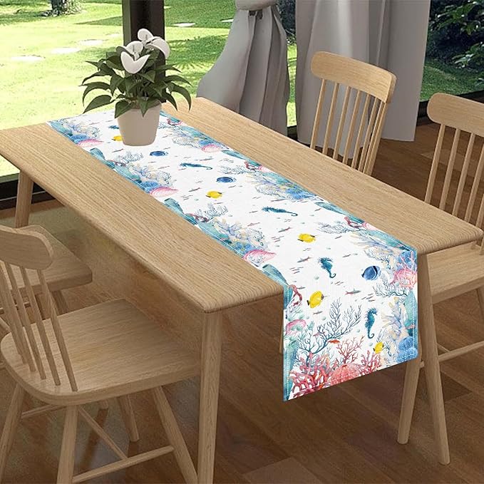 Nautical Table Runner, Summer Coastal Starfish Seahorse Seashells Coral Tropical Ocean Beach Colorful Farmhouse Coffee Table Center Decor for Home Kitchen Dining Patio Indoor Outdoor, 13"x108" Inch