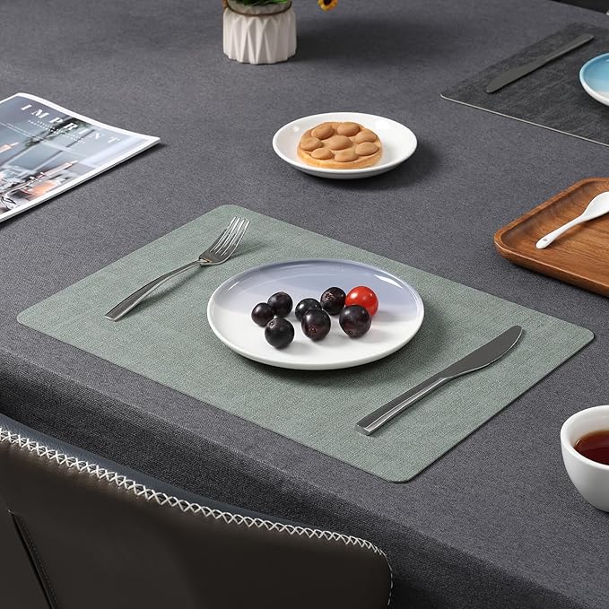 Myir JUN Placemats Dual Sided, Faux Leather Place Mats Set of 6 Indoor for Dining Table Non-Slip Washable Wipeable Heat Resistant Outdoor Table Mats (Gray Sage Green, Set of 6)