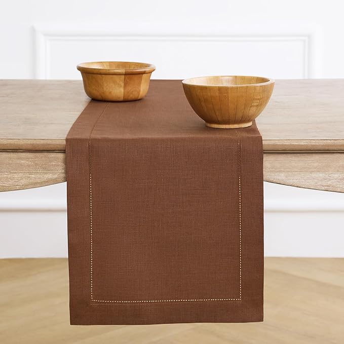 Solino Home Linen Brown Table Runner 72 Inches Long - 100% Pure Linen Hemstitch Table Runner 14 x 72 Inch for Dresser, Dining - Classic Hemstitch