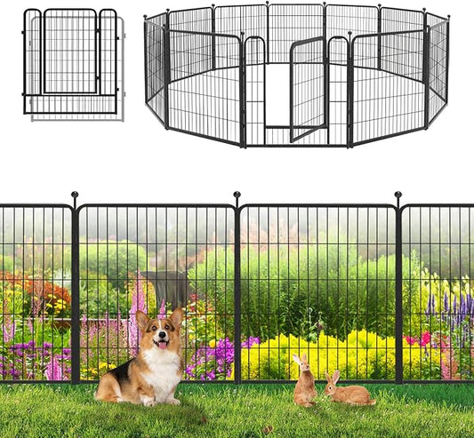 Garden Fence with Gate Metal Fencing Outdoor for Yard, 32in x28ft 12 Panels Outdoor Dog Fence Temporary Fence for Dogs Outside, Rustproof Garden Fencing Flower Bed Edging for Patio