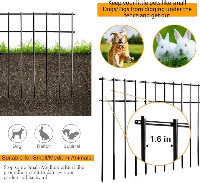 Adavin Small or Medium Animal Barrier Fence, 15 Pack Black 20 In(L)X12 In(H) Dog Digging Fence Barrier, Dog Rabbit Fences Protector,Outdoor Pet Metal Fences Panel Ground Stakes for Yard.Total 25 Ft(L)
