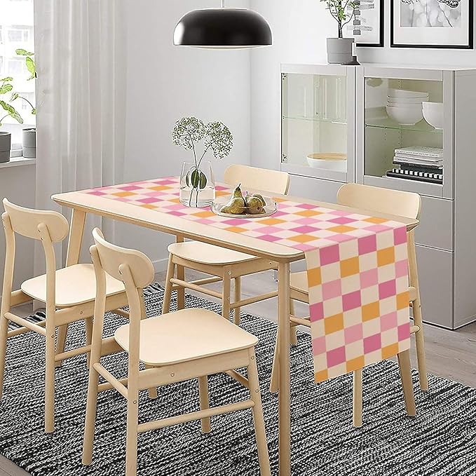 Pink Checkered Table Runner, Vintage 70s Abstract Cute Modern Hippie Table Runner for Party Kitchen Dining Home Outdoor 13x60in