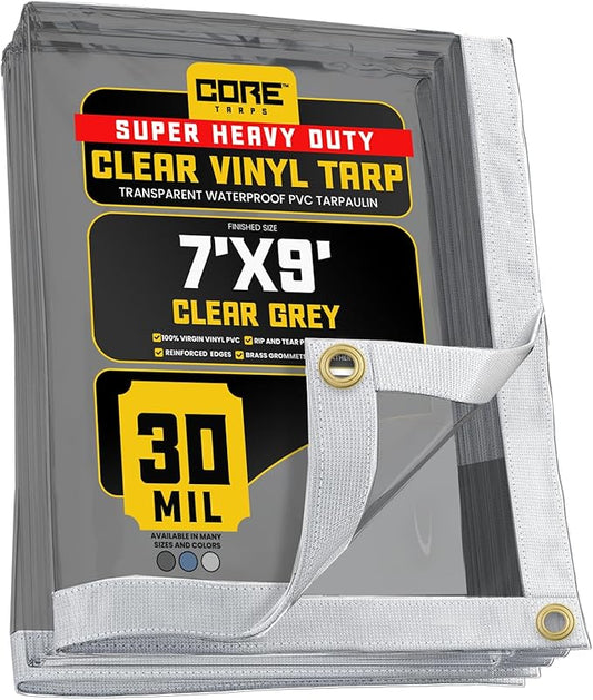 Core Tarps 30 Mil Extreme Heavy Duty Clear Tarp with Gromments - 7x9ft Super Clear Tarps Heavy Duty Waterproof Vinyl Tarpaulin, Transparent Tarp for Outdoor, Camping & Construction, Clear Grey