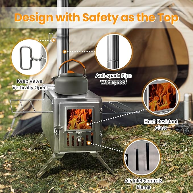 Wood Burning Stove,Portable Camping Stove with Chimney Pipes,Front Window，Side Racks,Mini Wood Stove for Outside Tent,Cookout,Truck Travel and inside Woodcutter's Cottage