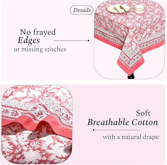 CPC Cotton Tablecloth 80x120 Inch Rectangle Indian Block Print Tablecloth- Pink Washable Wedding Table Cover for Thanksgiving/Christmas- Pink Coral