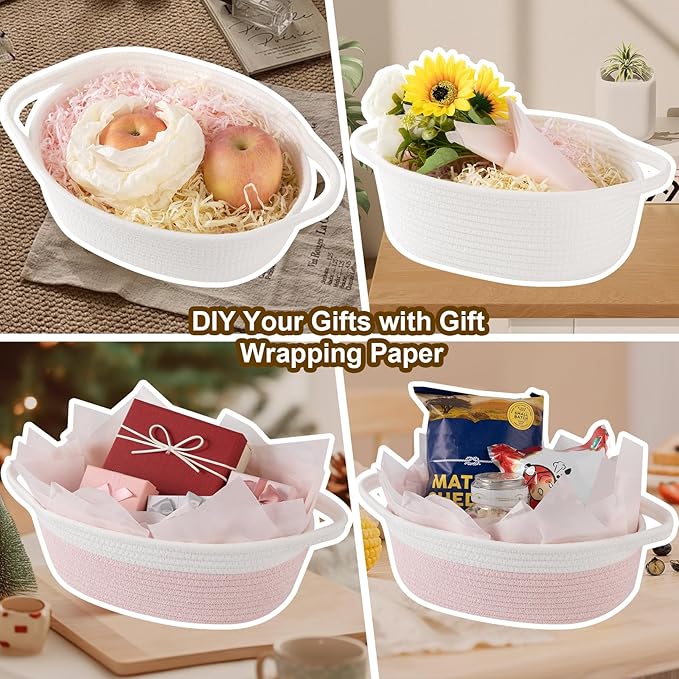 OIAHOMY Gift Basket Empty with Handle, 12"x 8"x 5" Small Woven Basket with Gift Bag, Ribbon and Wrap Tissue Paper, Dog Toy Storage for Organizing - Blue & White